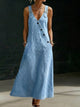 Women's Denim Maxi Dress — V-Neck Asymmetric Button-Front Long Dress
