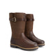 Brown tall outdoor boots with buckle straps and flat lug soles