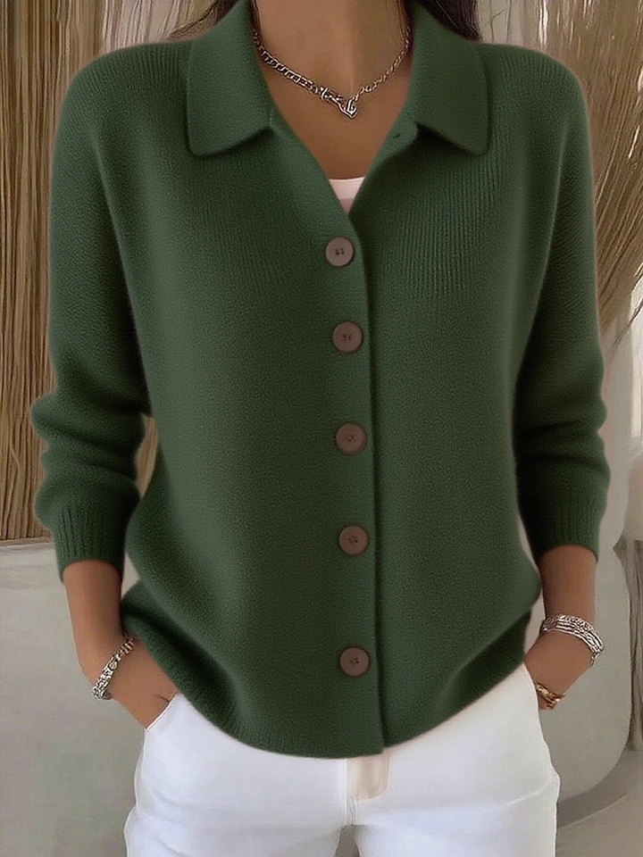 Women's collared knitted cardigan with long sleeves and button front