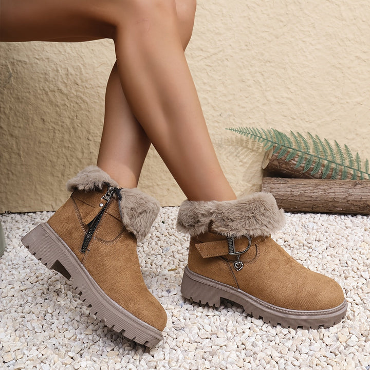 Women's brown winter ankle boots with fur collar, buckle strap and heart charm