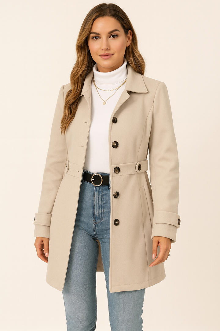 Women's tailored belted trench coat with notched lapels and long sleeves