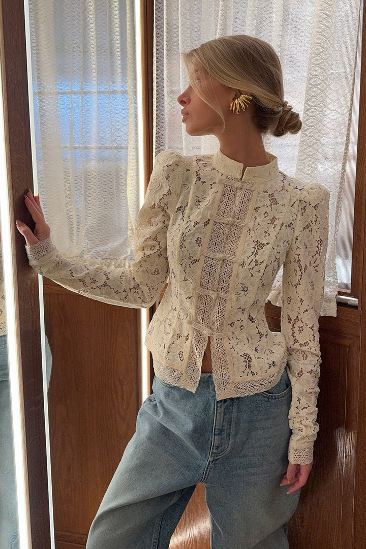Women's white floral lace cardigan with stand collar and frog buttons