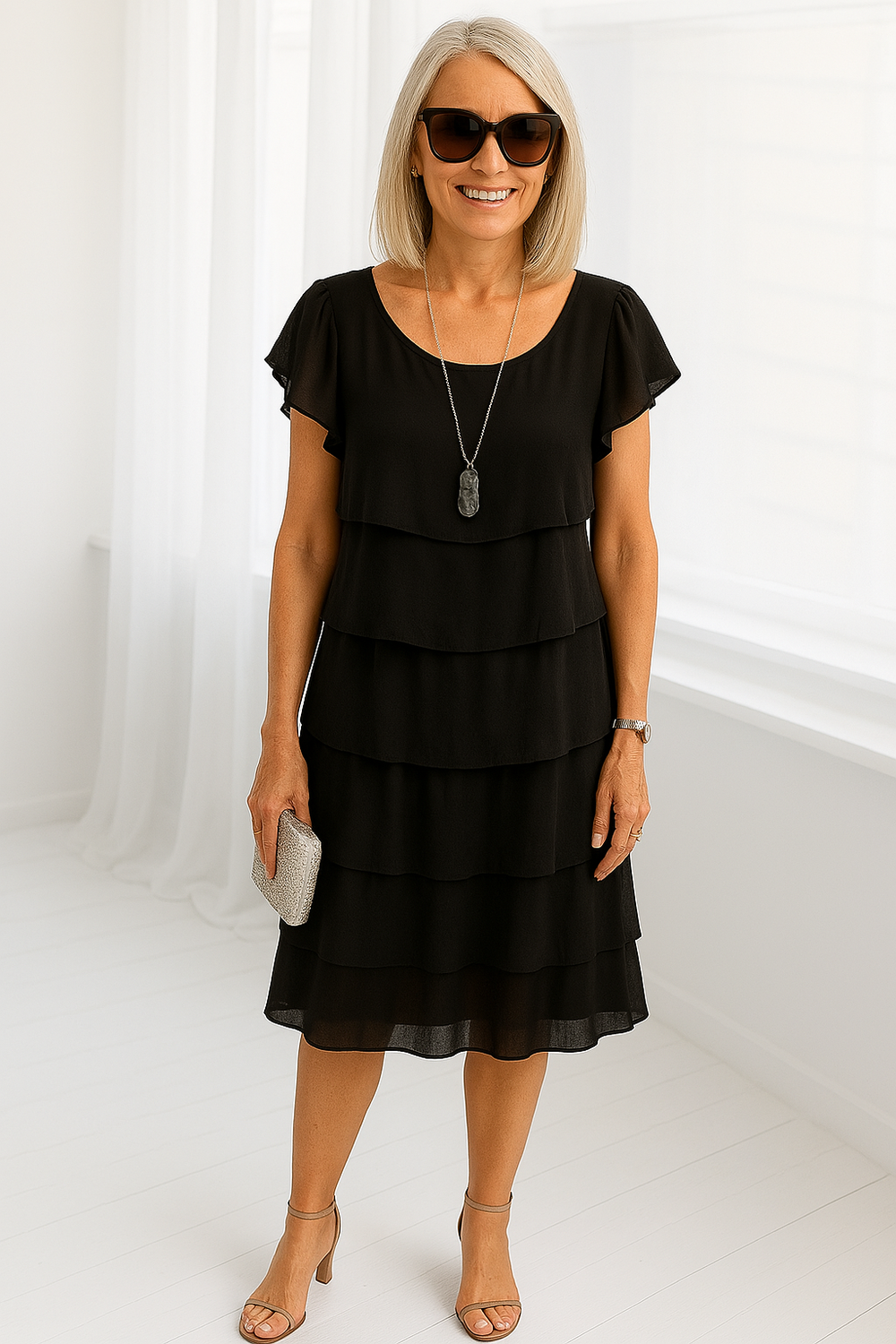 Karen | Women’s Short Sleeve Layered Midi Dress - Image 2