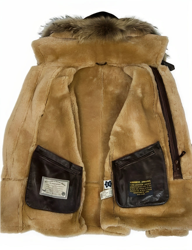 Men's dark brown hooded aviator jacket with tan shearling trim and front buckles