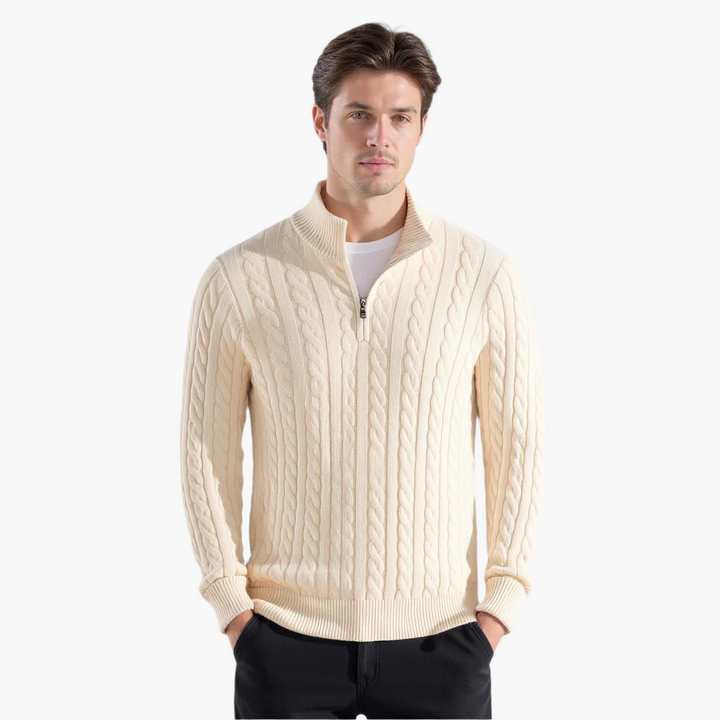Men's blue cable knit quarter-zip sweater with mock neck and long sleeves