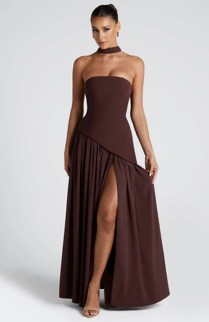 Women's strapless maxi dress with choker neckline and asymmetrical high slit