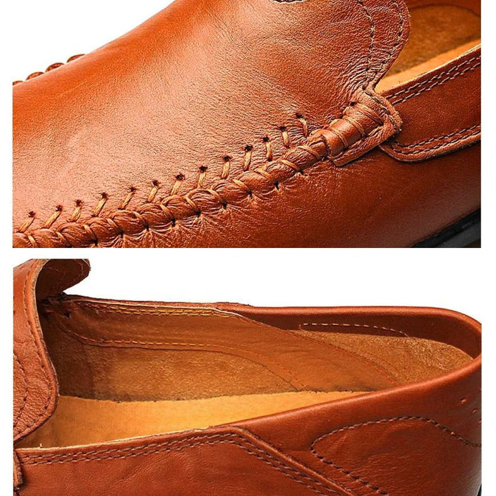 Men's slip-on loafers with stitched front detail and flat textured soles