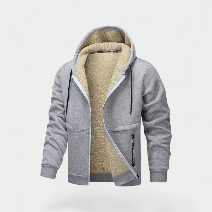 Men's hooded zip jacket with contrast sherpa-style lining and front pockets