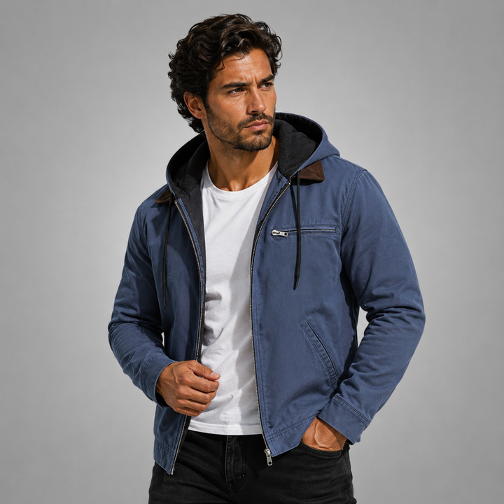 Men's hooded utility jacket with zip fastening, chest pocket and ribbed trims