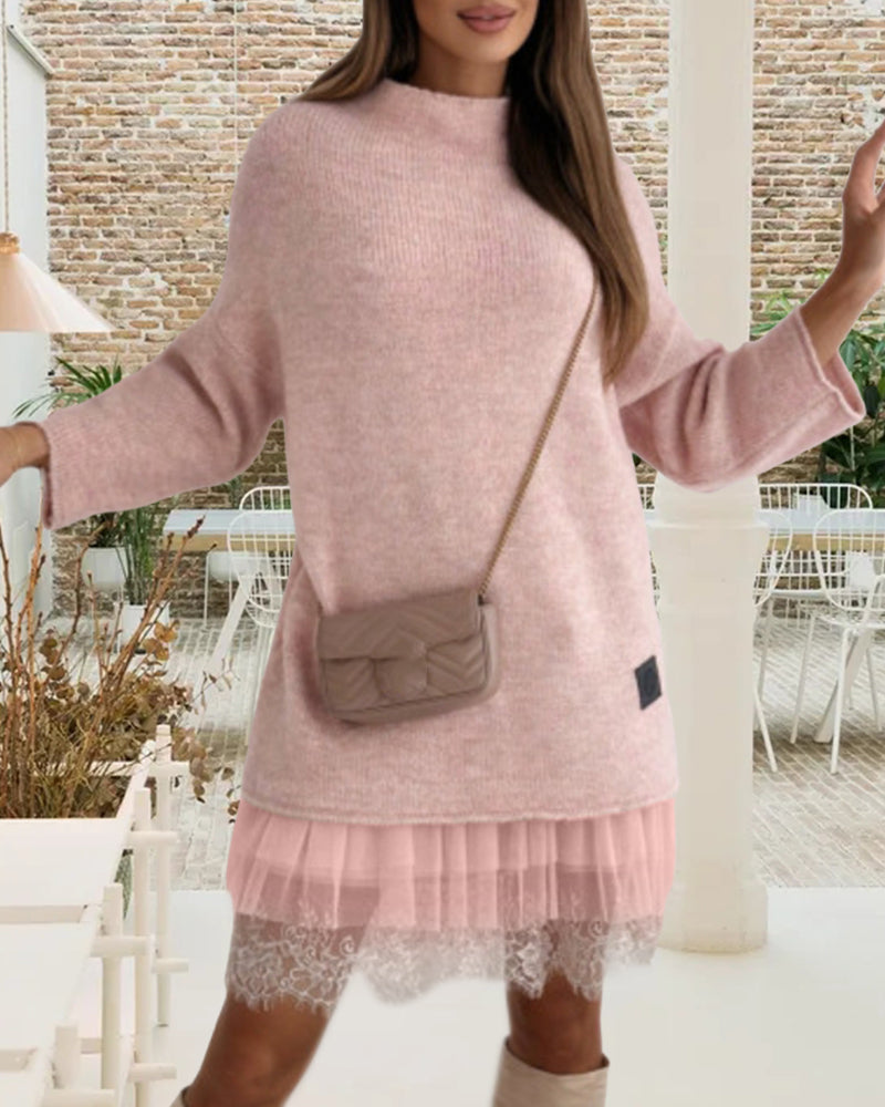 Women's layered dress set with high neck jumper and sleeveless slip dress with gathered sheer-look hem