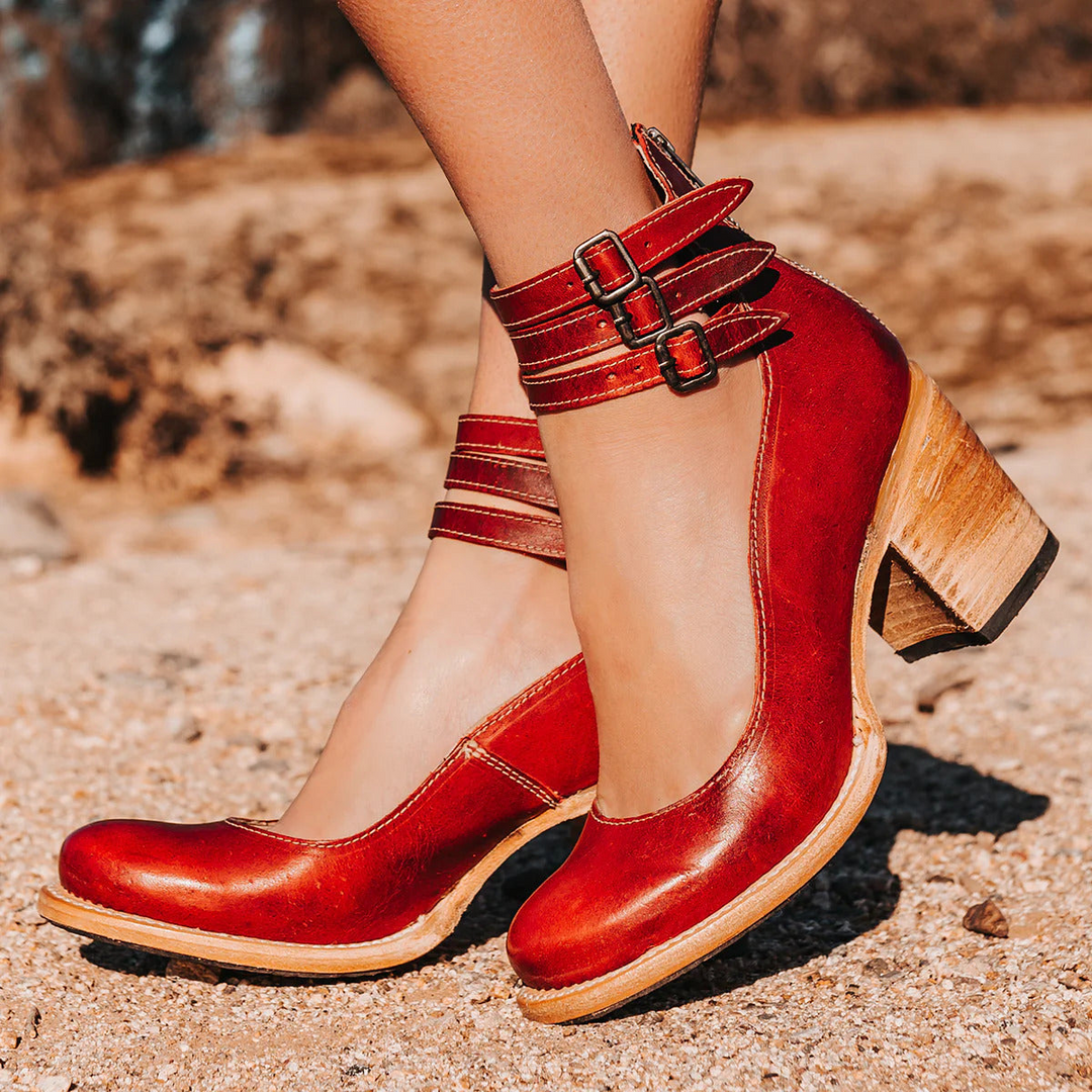 Women's ankle boots with three buckle straps and block heels