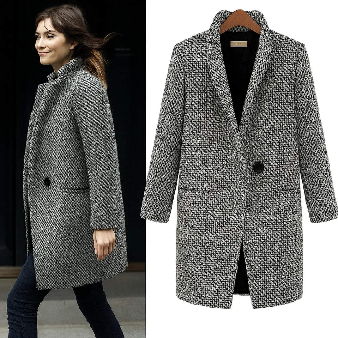 Women's black and white checked long coat with standing collar and button fastening