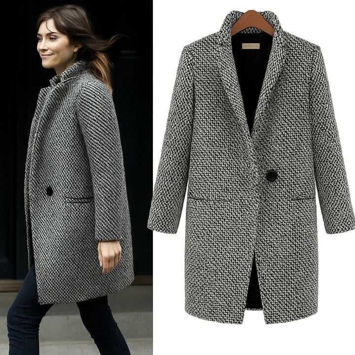 Women's black and white checked long coat with standing collar and button fastening