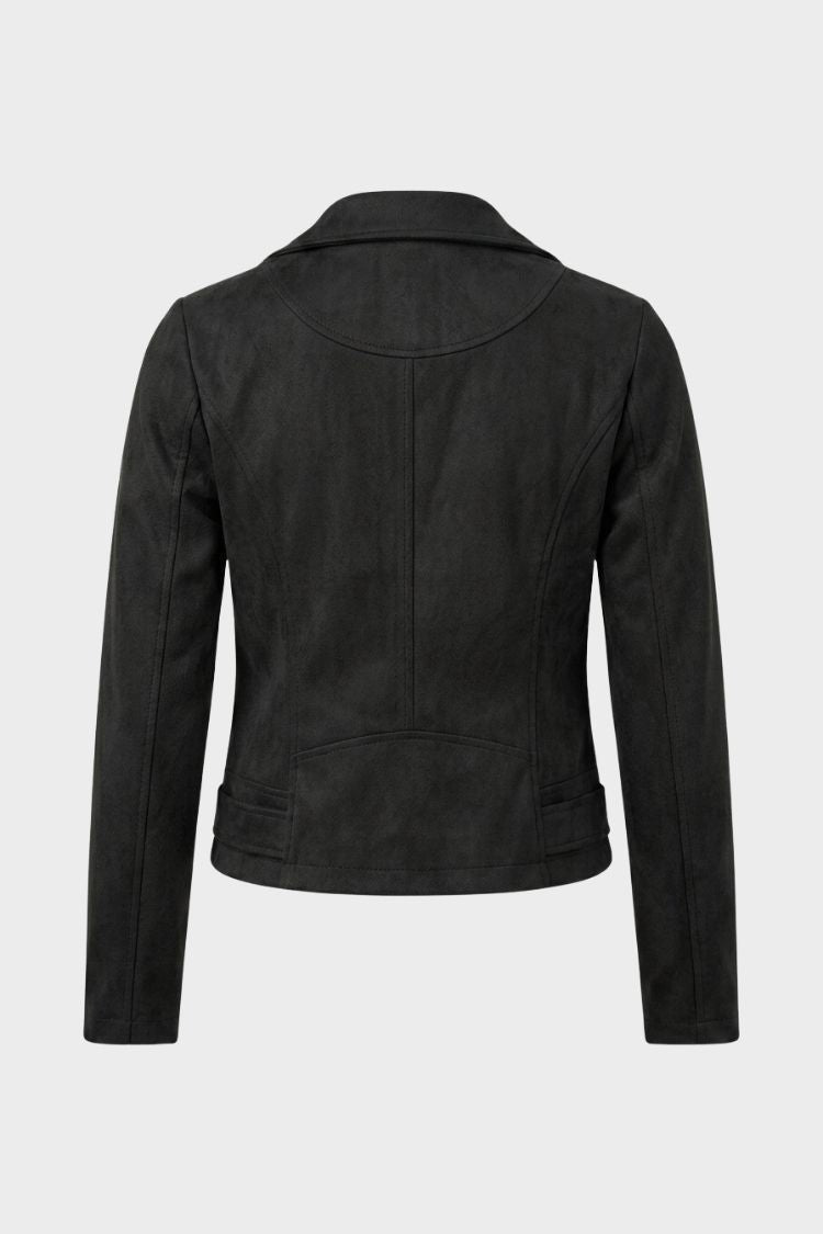 Women's cropped biker jacket with notched lapels, long sleeves and zipped pockets