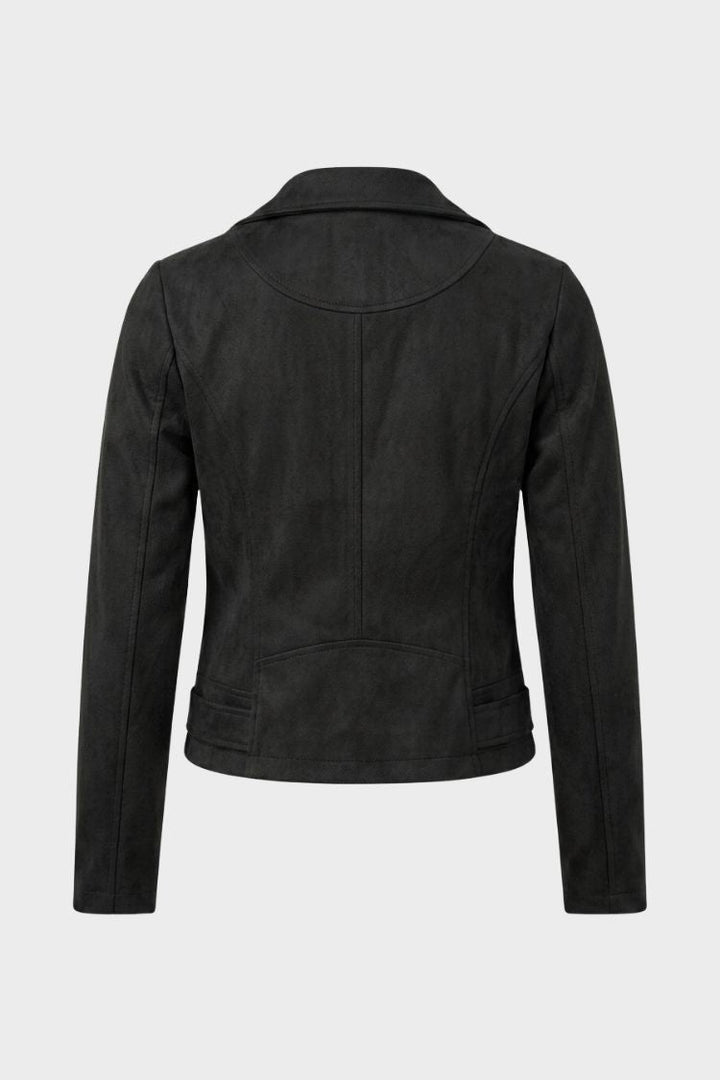 Women's cropped biker jacket with notched lapels, long sleeves and zipped pockets