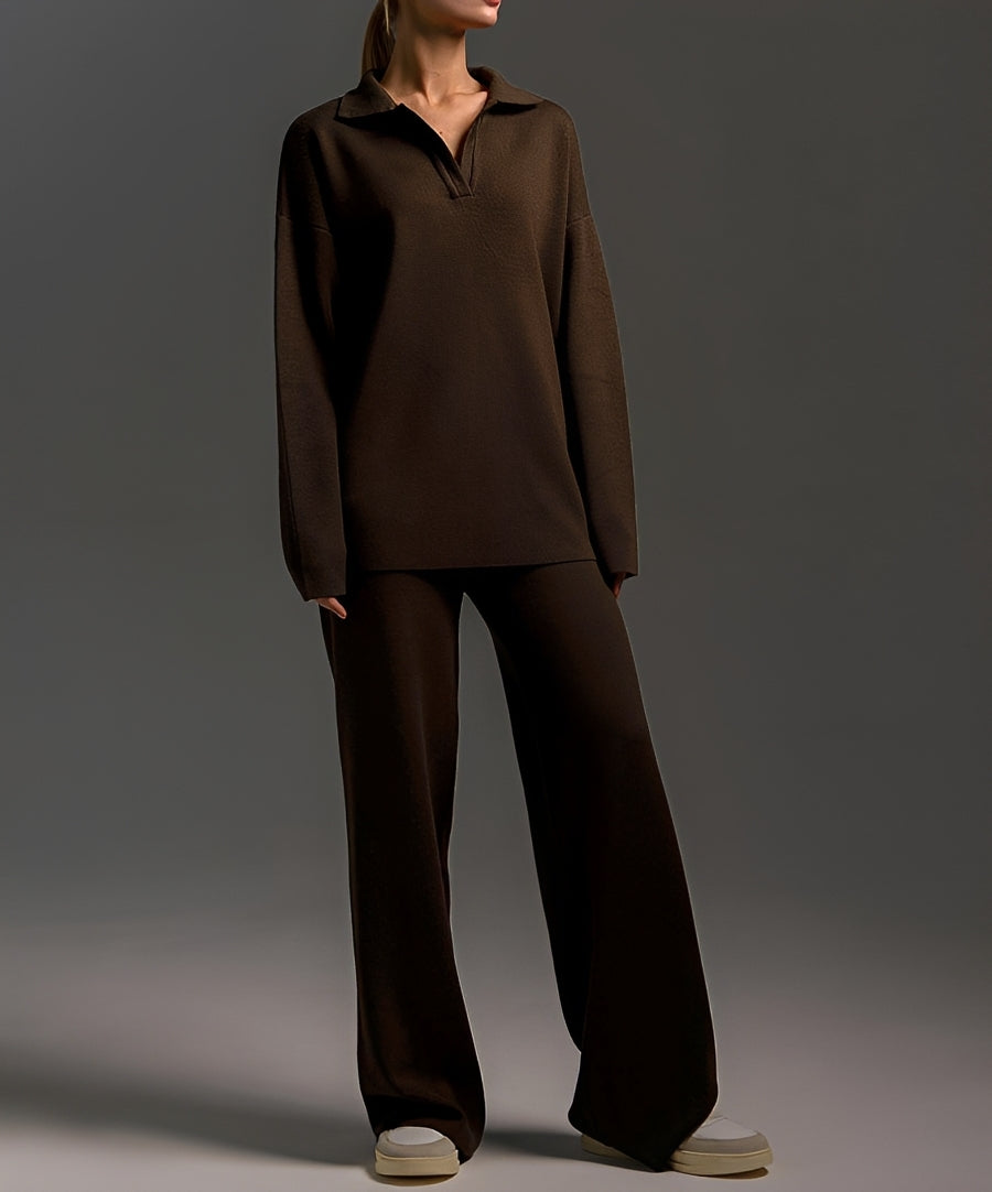 Women's collared sweater and wide-leg trousers set shown in neutral and black colourways