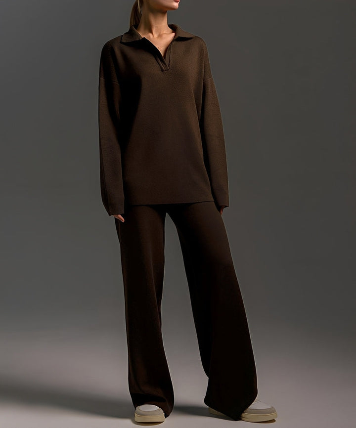 Women's collared sweater and wide-leg trousers set shown in neutral and black colourways