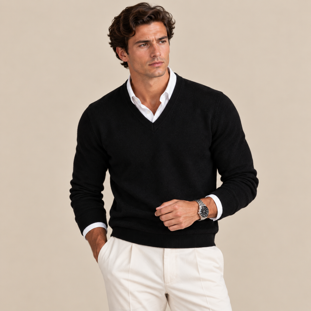 Men's V-neck sweater with long sleeves and ribbed trims