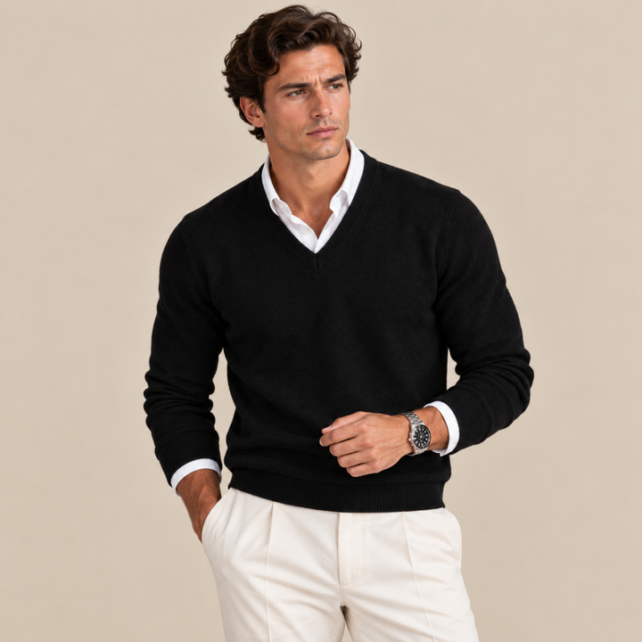 Men's V-neck sweater with long sleeves and ribbed trims