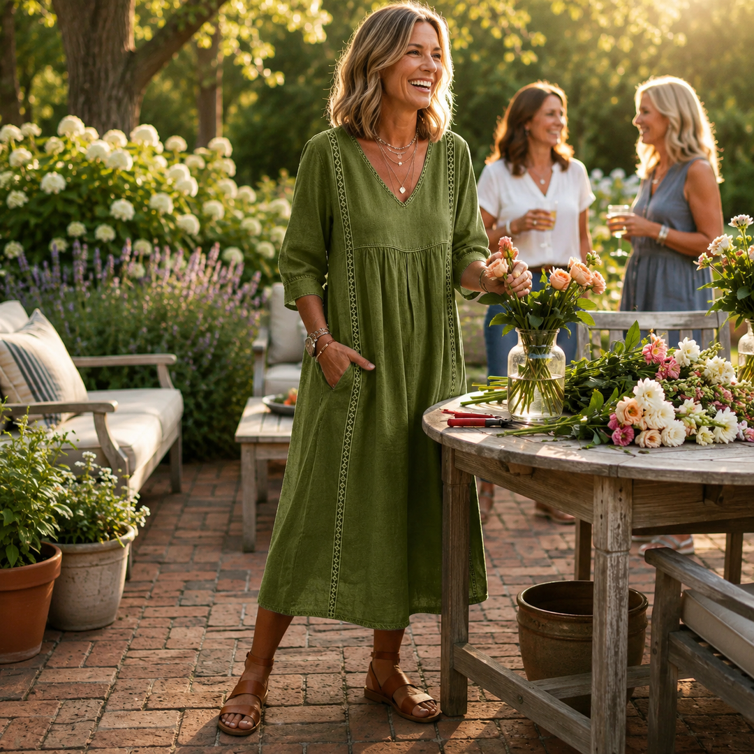 Women's Lightweight Maxi Dress — Ruched 3/4 Sleeve Dress with Pockets