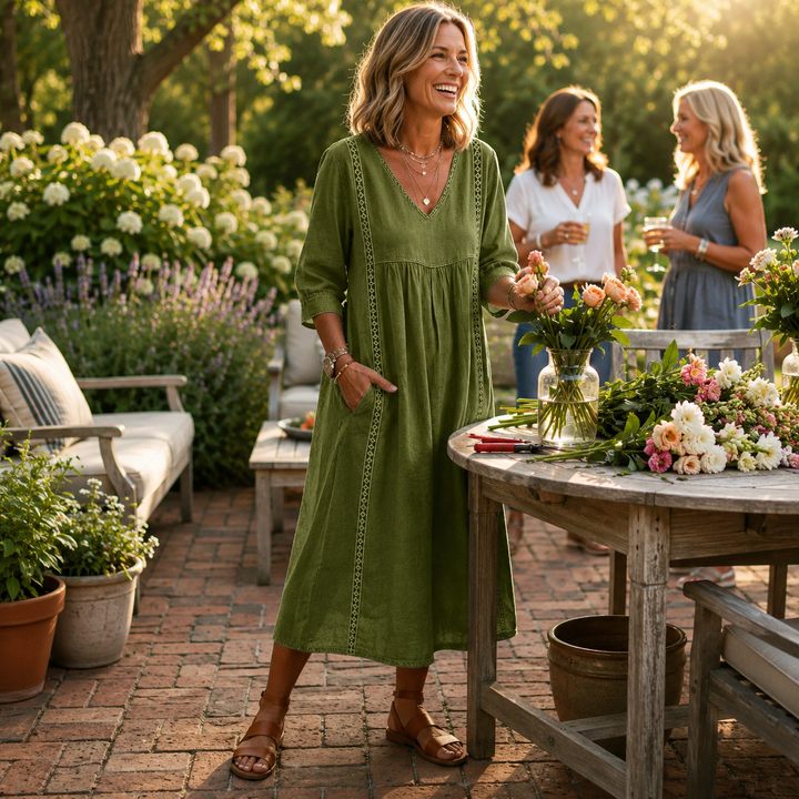 Women's Lightweight Maxi Dress — Ruched 3/4 Sleeve Dress with Pockets