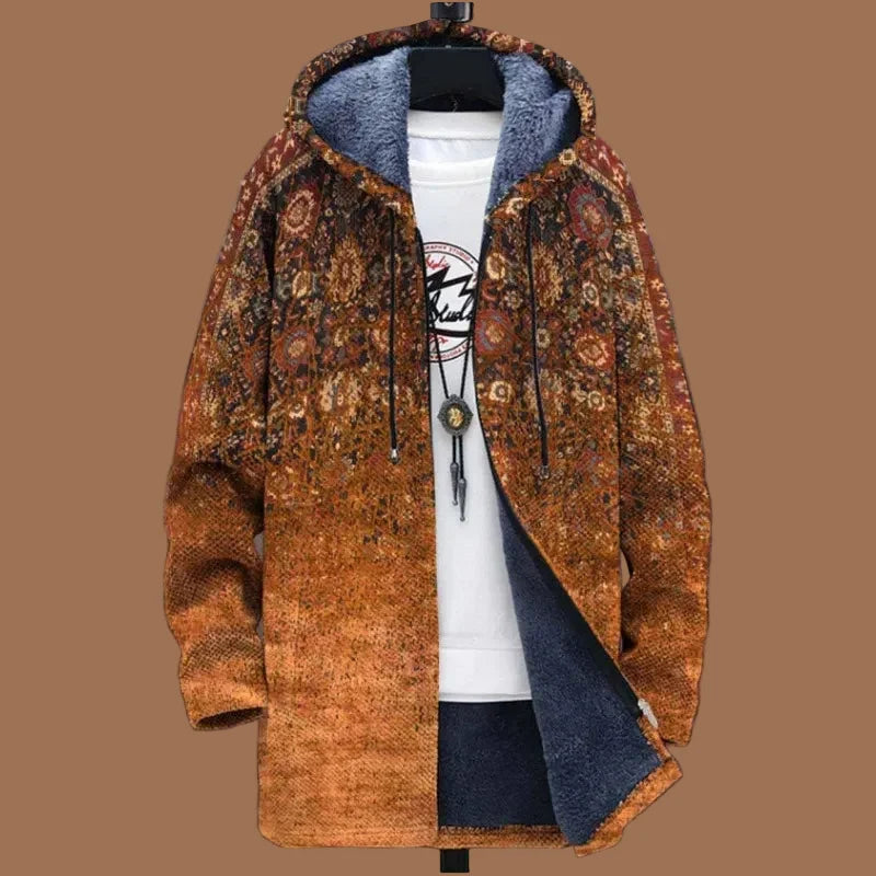 Men's hooded abstract print zip-up jacket with long sleeves