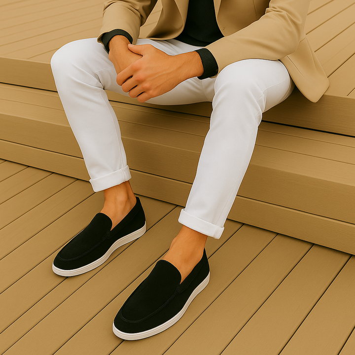 Women's plain suede loafers with almond toes and flat contrasting soles