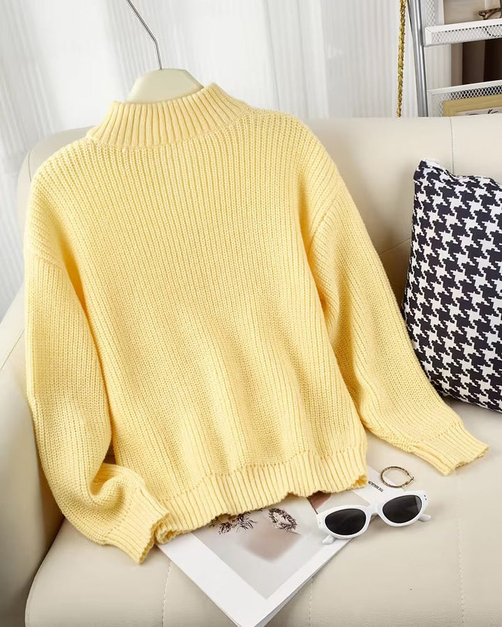 Women's yellow ribbed half-zip jumper with stand collar and long sleeves