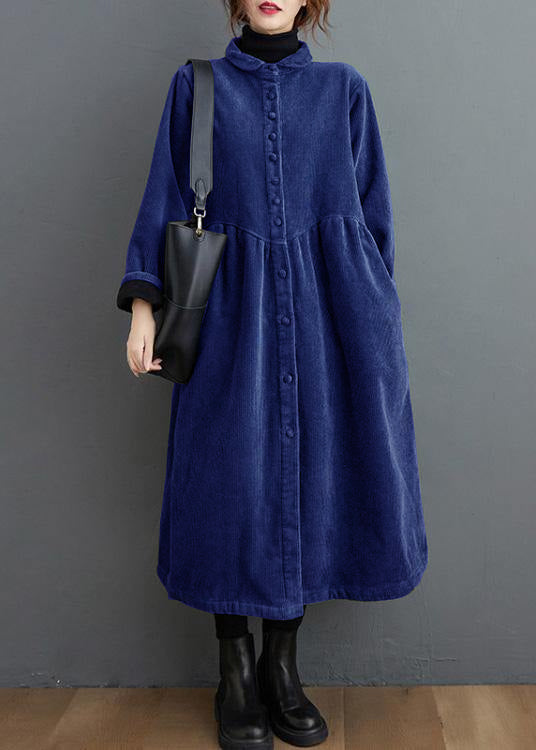 Women's long ribbed button-front coat with flared silhouette and side pockets