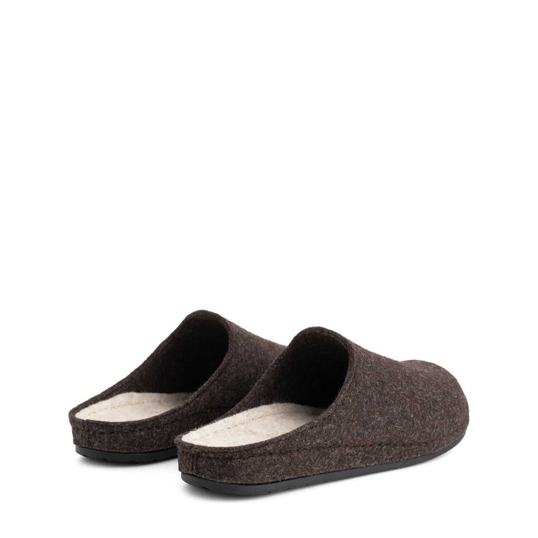 Brown unisex closed-toe house slippers with open backs and black flat soles