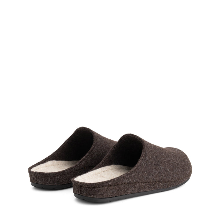 Brown unisex closed-toe house slippers with open backs and black flat soles