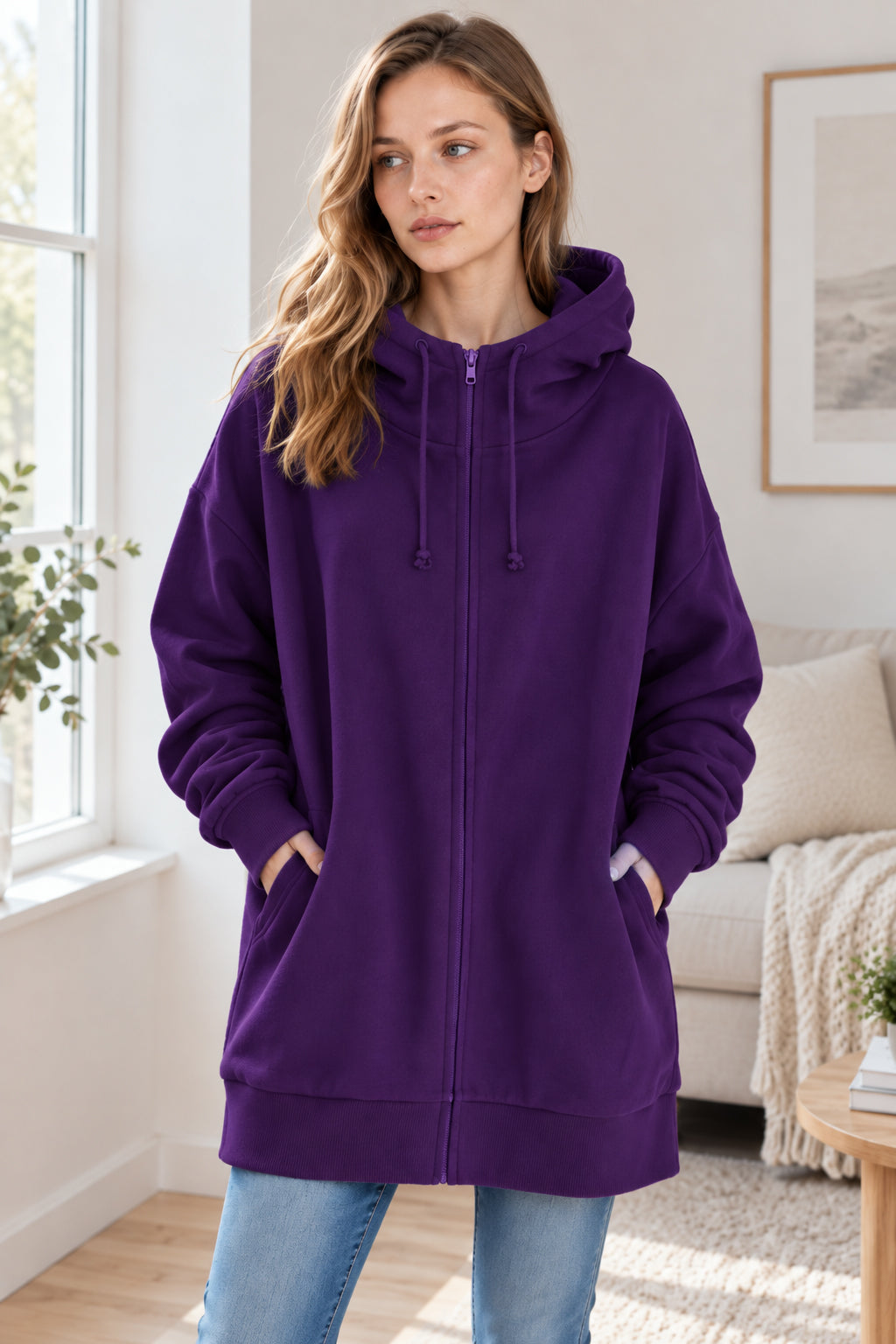Women's solid hooded zip hoodie with long sleeves and ribbed trims
