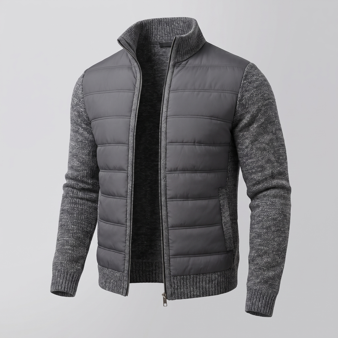 Men's puffer jacket with quilted body, textured sleeves and front zip