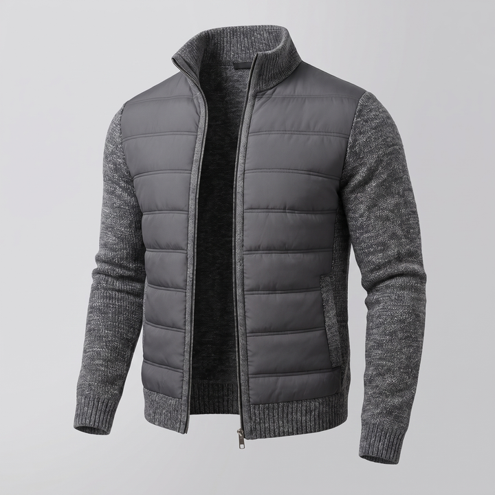 Men's puffer jacket with quilted body, textured sleeves and front zip