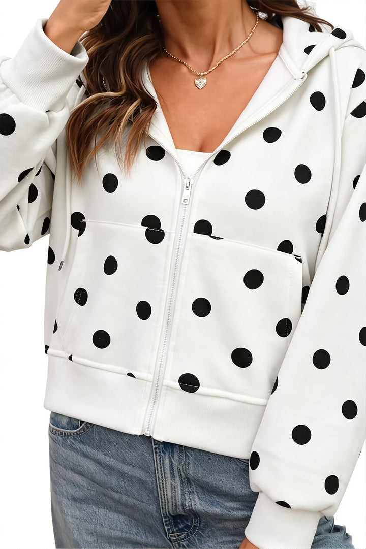 Women's cropped polka dot zip hoodie with hood and long sleeves
