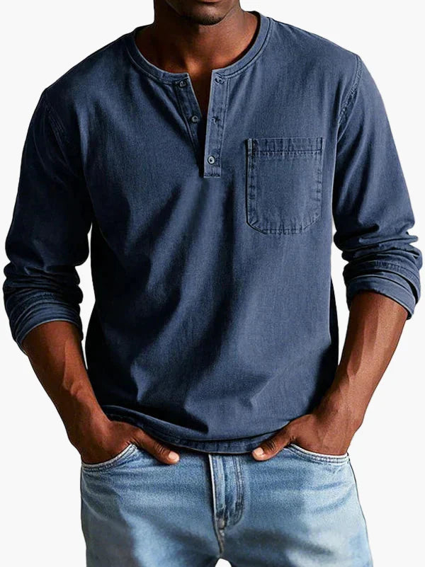 Men's plain grandad shirt with mandarin collar, buttons and chest pocket
