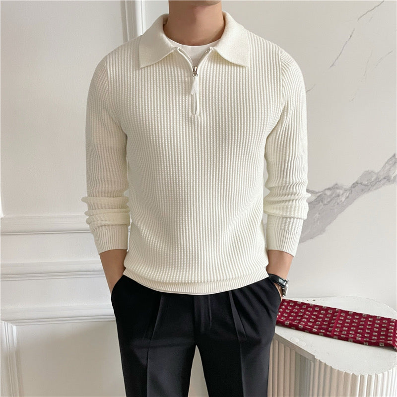 Men's ribbed quarter-zip polo sweater with long sleeves and collared neckline
