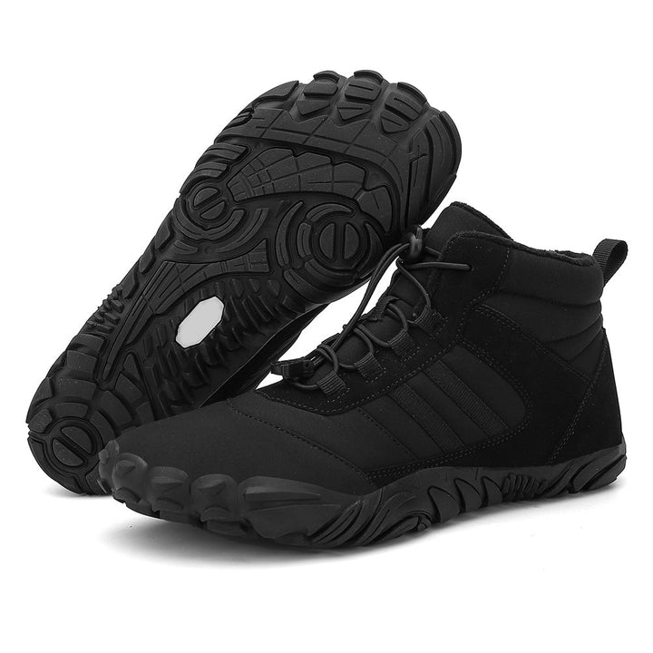High-top lace-up barefoot boots with rounded toes and textured flat soles