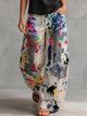 Women's High-Waist Wide-Leg Trousers - Printed Denim, Button Front, Pockets