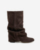 Women's dark brown slouch boots with pointed toes and low heels