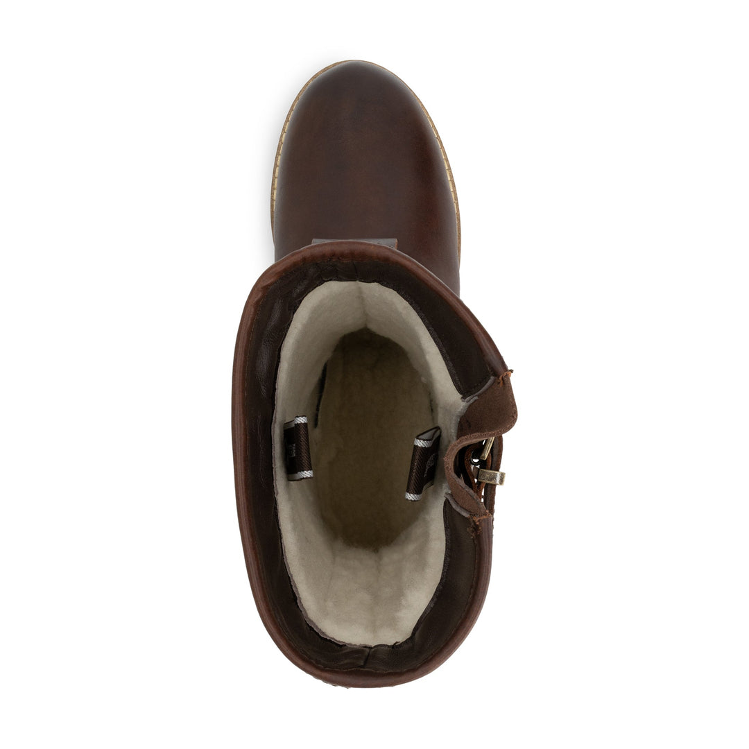 Brown tall outdoor boots with buckle straps and flat lug soles