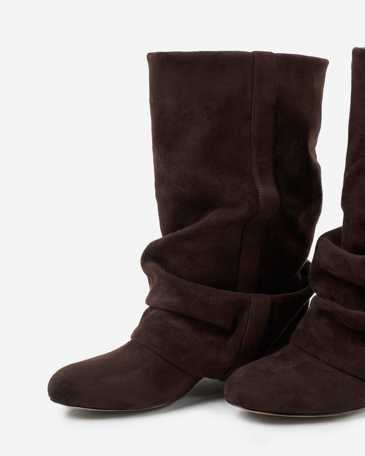Women's dark brown slouch boots with pointed toes and low heels
