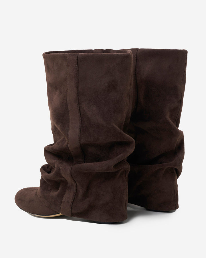 Women's dark brown slouch boots with pointed toes and low heels
