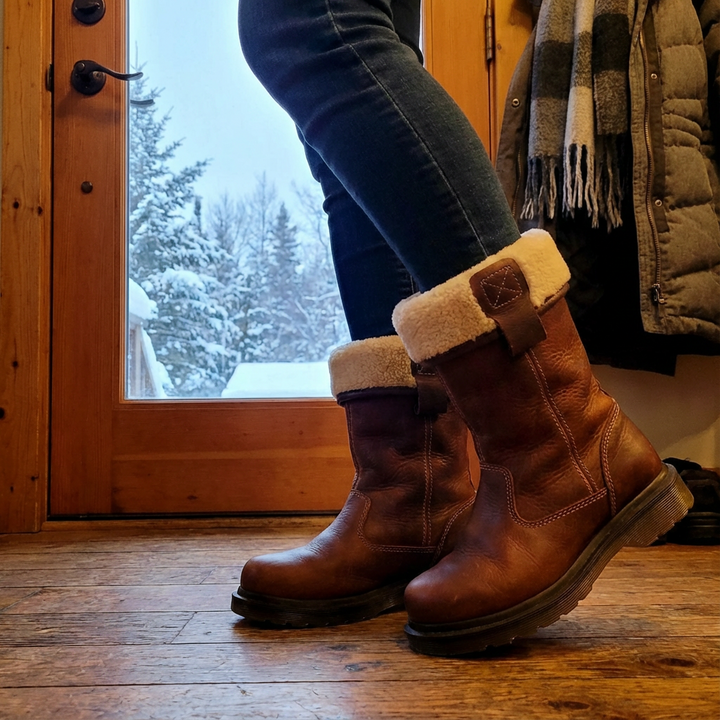 Women's brown winter ankle boots with fur cuff and lug sole