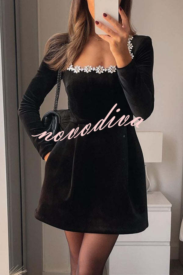 Women's velvet mini dress with square neckline and jewel trim