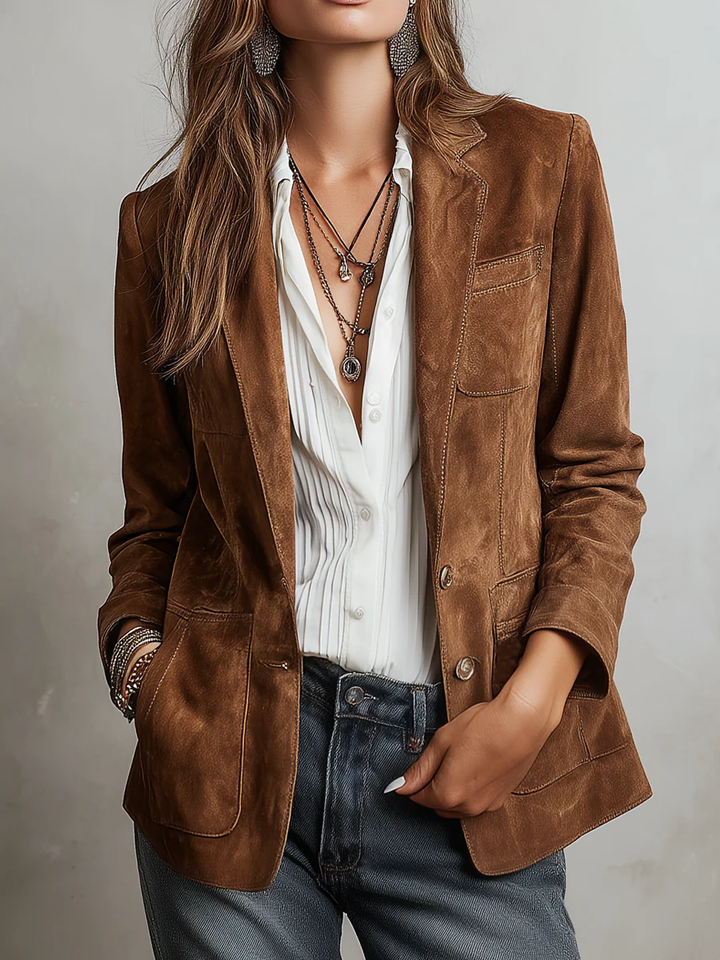 Women's brown button-front blazer with long sleeves and patch pockets