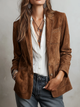 Women's brown button-front blazer with long sleeves and patch pockets