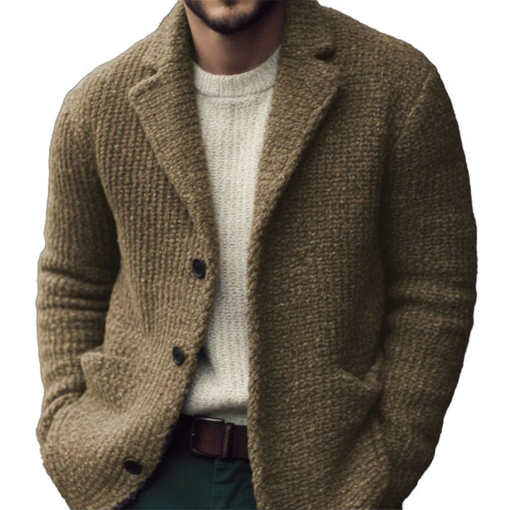 Men's textured button jacket with notch lapels and front patch pockets