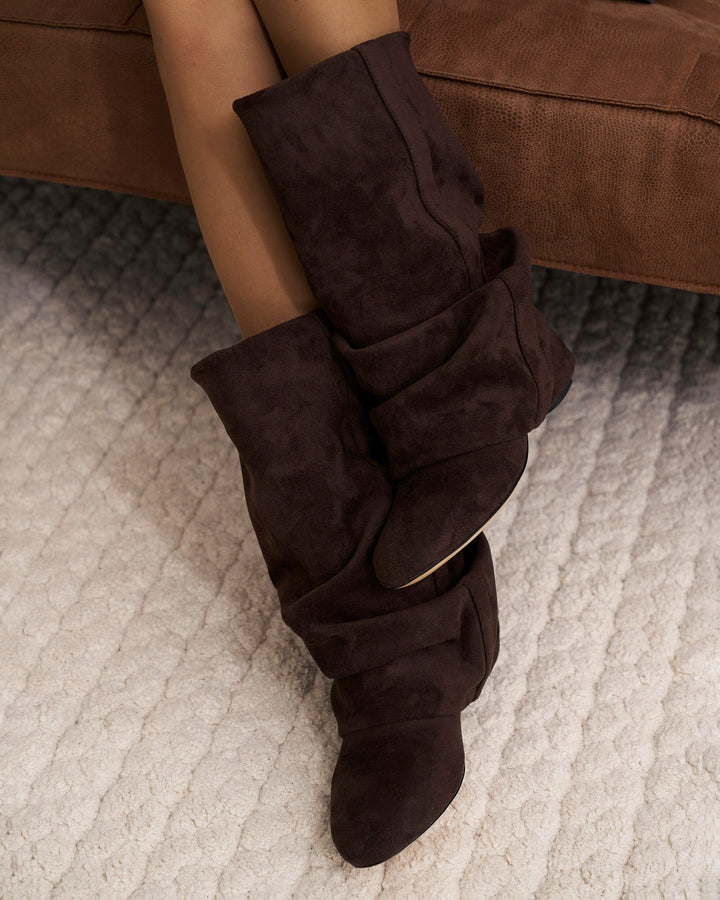 Women's dark brown slouch boots with pointed toes and low heels