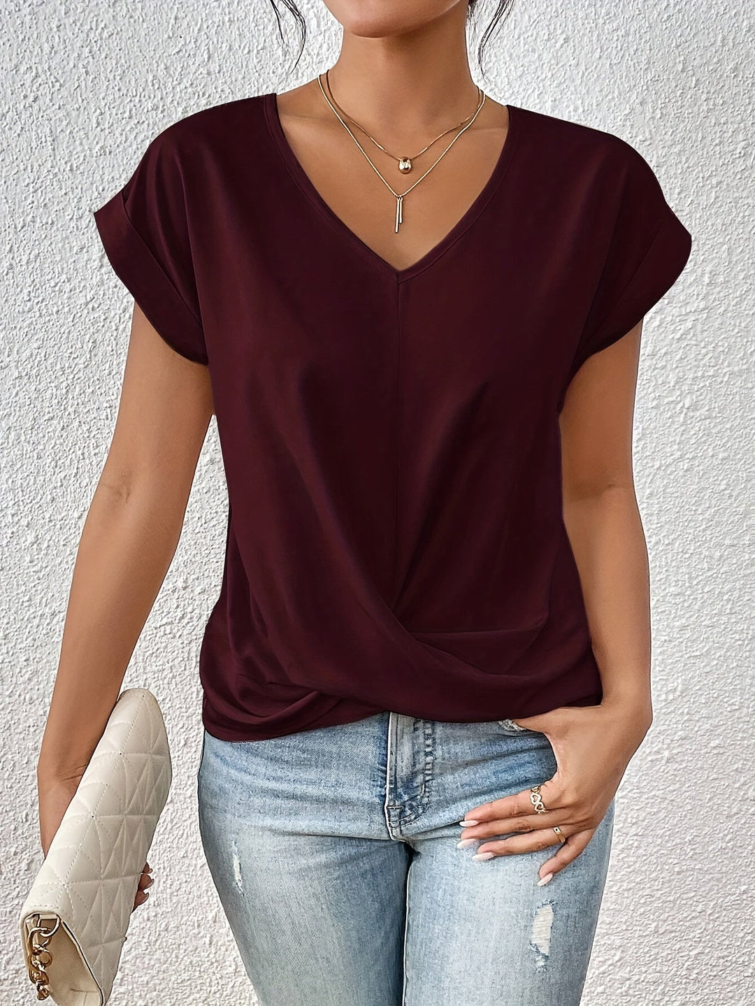 Women's mauve V-neck short sleeve wrap top